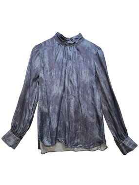 White House Black Market Womens Mock Neck Keyhole Blouse Long Sleeve Size 6 Blue